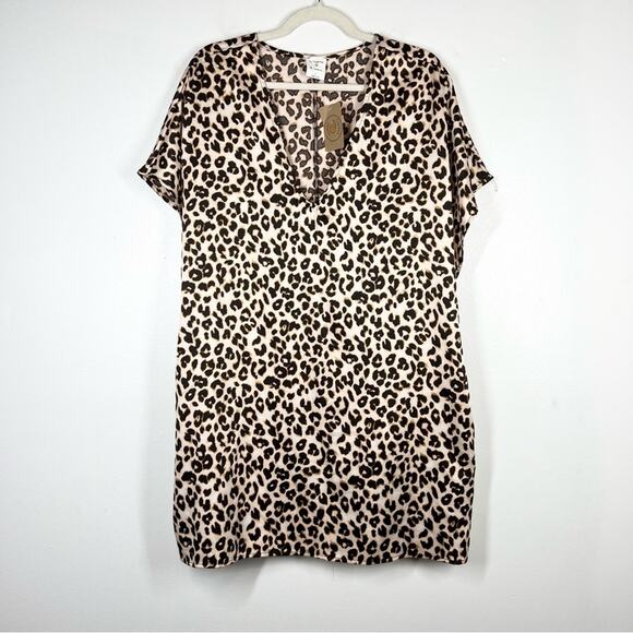 BY TOGETHER Cheeky Peach Leopard Cheetah Shift Dress Pockets V Neck Oversized L - Picture 1 of 7